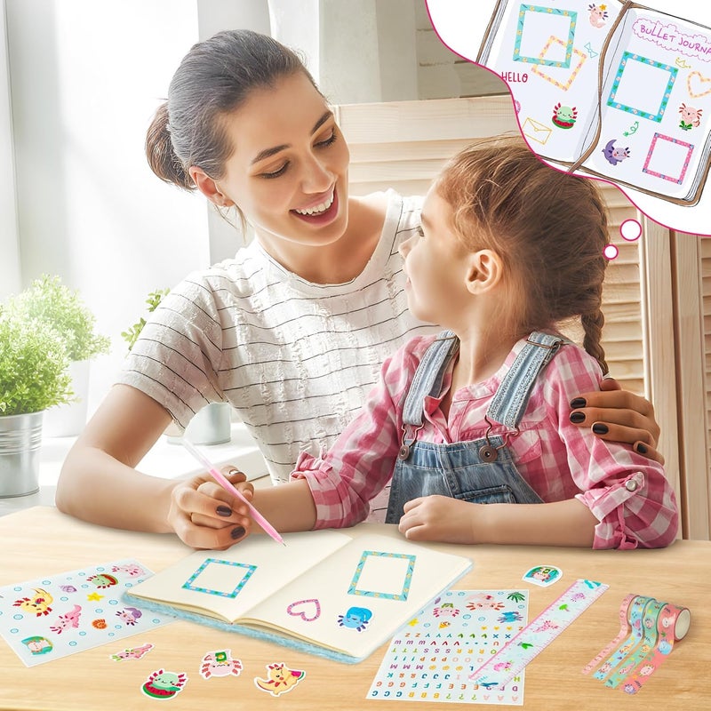 CY2SIDE 44PCS Axolotl DIY Journal Kit Set for Kids Axolotl Plush Scrapbook Diary Journaling Stationery Set for Writing Make Your Own Scrapbook with Crafts Idea Birthday Gifts for Teen Girls DIY Gifts - Image 5